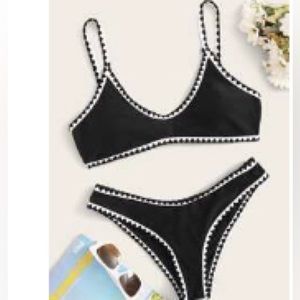 SHEIN Contrast Binding Tie Back High Cut Bikini Swimsuit Black/white